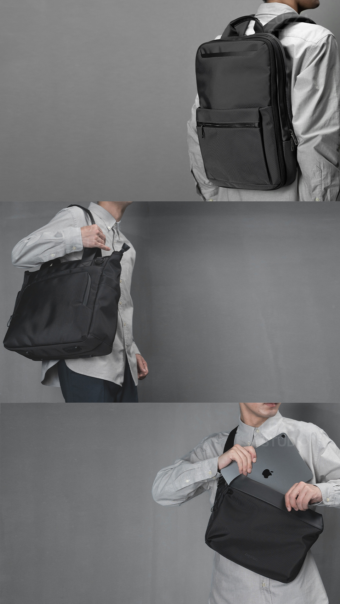 ガジェットバッグ、ビジネスバッグのEC販促商品撮影：グレー背景の室内でポーズをとる男性モデル