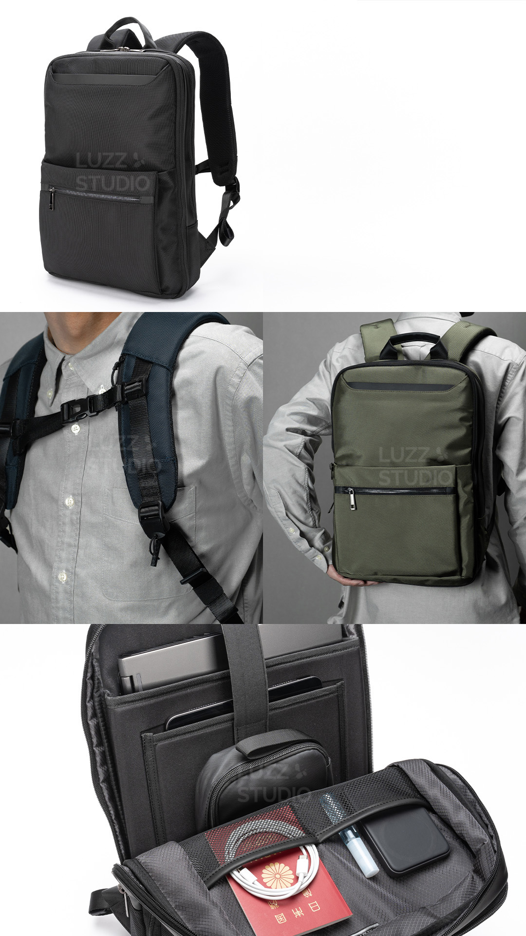 ガジェットリュック（ビジネスリュック）のEC販促商品撮影：グレー背景の室内でポーズをとる男性モデルと商品のズームアップ