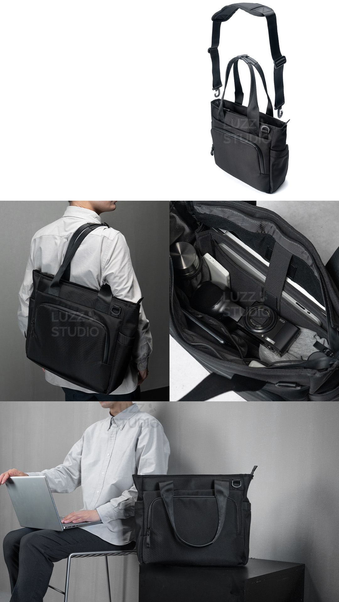 ガジェットトートバッグ（ビジネスバッグ）のEC販促商品撮影：グレー背景の室内でポーズをとる男性モデル